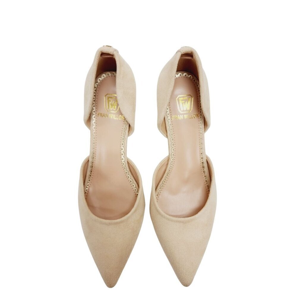 Fran Willor Beige Suede Heels Size 7 Pointed Toe DOrsay Style Womens Shoes - Picture 8 of 16
